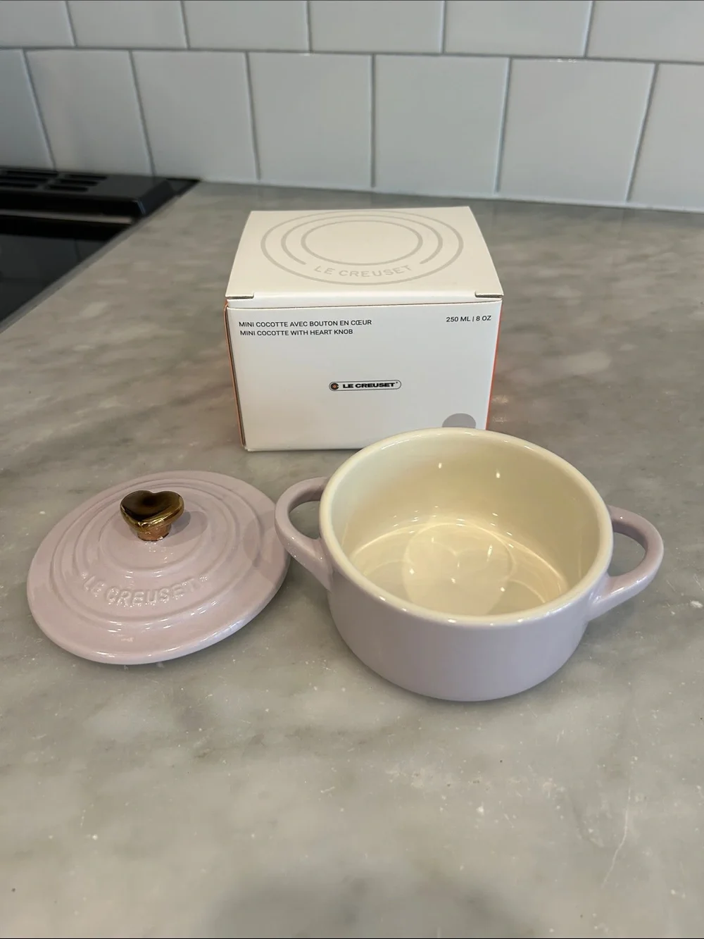 Le Creuset Mini Cocotte in Lavender with Gold Heart Knob